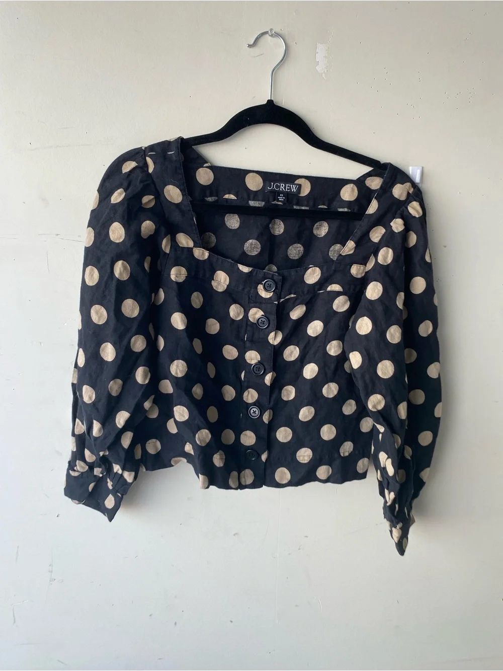 J.Crew Black Tan Polka Dot Square Neck Linen Puff Sleeve Blouse Top XS